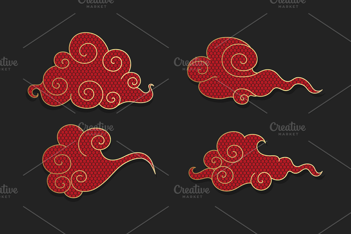 Red Asian Swirl Clouds Set, a Decorative Illustration by PsychocheArt (Photo 2 of 3)