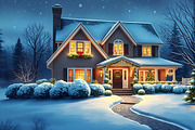 Winter Christmas House Illustration, a Seasonal Illustration by Aura Canyon HQ (Thumbnail 1 of 7)