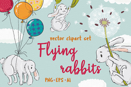 Flying rabbits vector clipart
