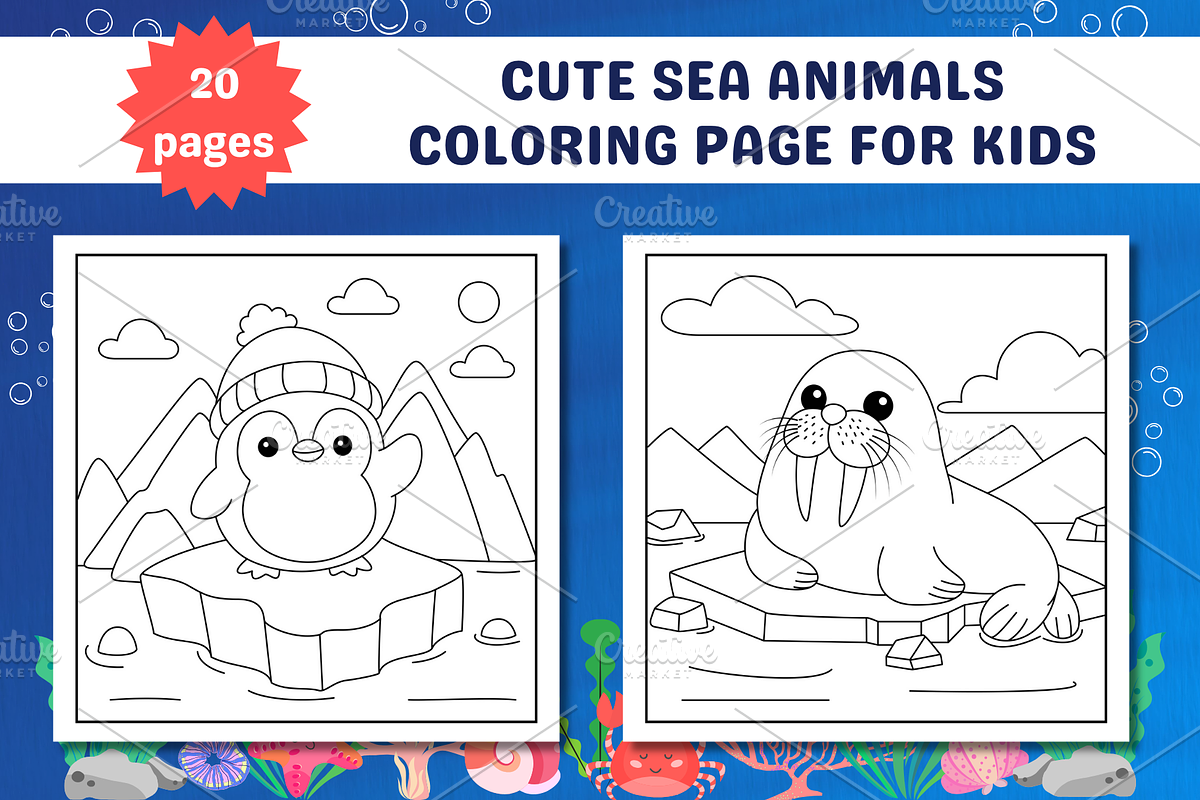 Cute Sea Animals Coloring Page, an Animal Illustration by Salaly (Photo 4 of 5)