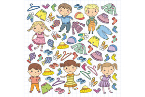 Set Of Children Clothing. Vector Icons. Kindergarten. Nursery. Atelier. School Clothing. Summer Clothing. Kids Store