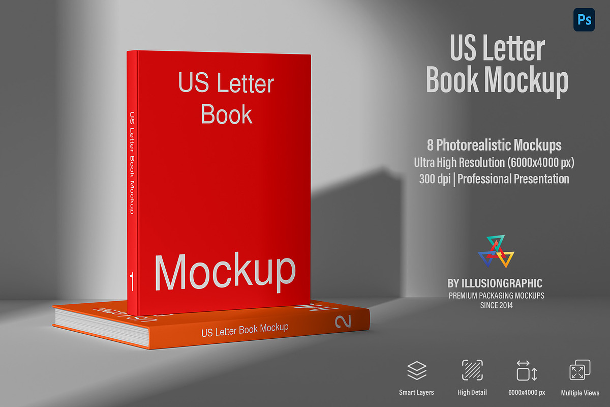 US Letter Book Mockup - 8 Views, a Books & Magazine Mockup by Illusiongraphic (Photo 1 of 23)