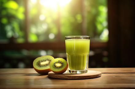 Glass of kiwi juice with fruits on wooden table, a Food & Drink Photo by AlyaAnd