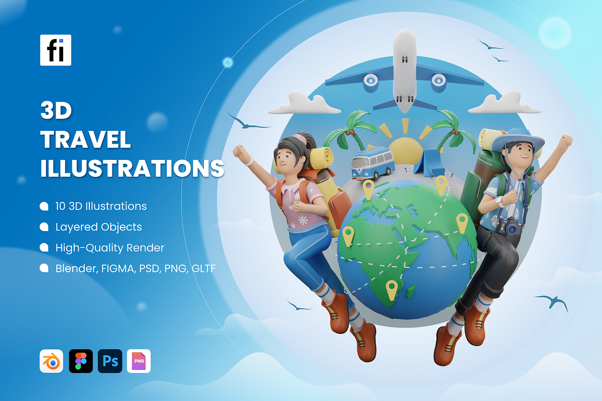 3D Travel Illustration Set, a Scene 3D Model by Flat Icons (Photo 1 of 8)
