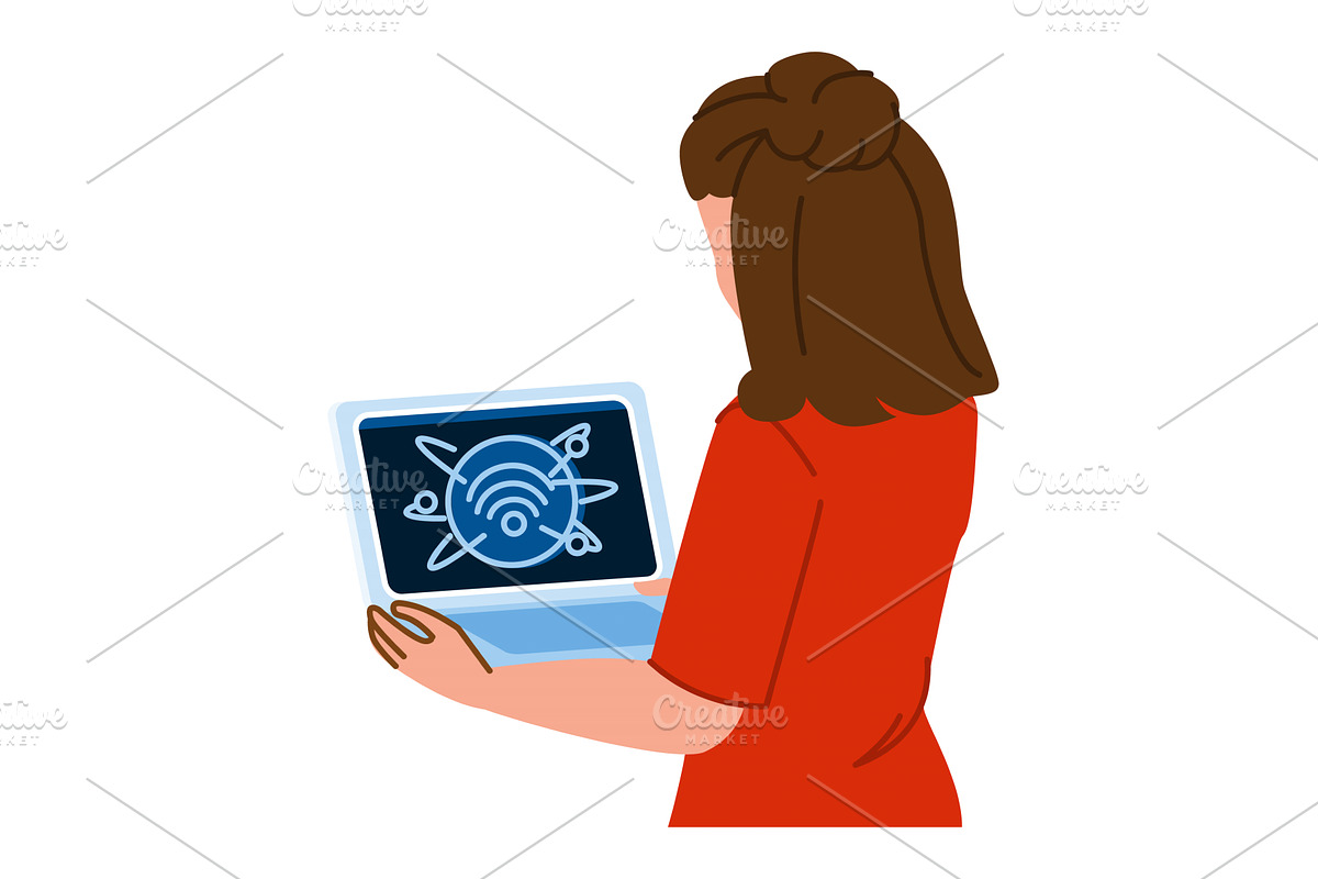 Woman holding laptop showing global, a Technology Illustration by pikepicture