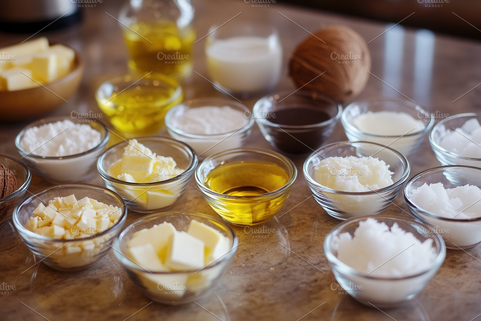 A close up of different cooking fats, a Photo by Pavel_design