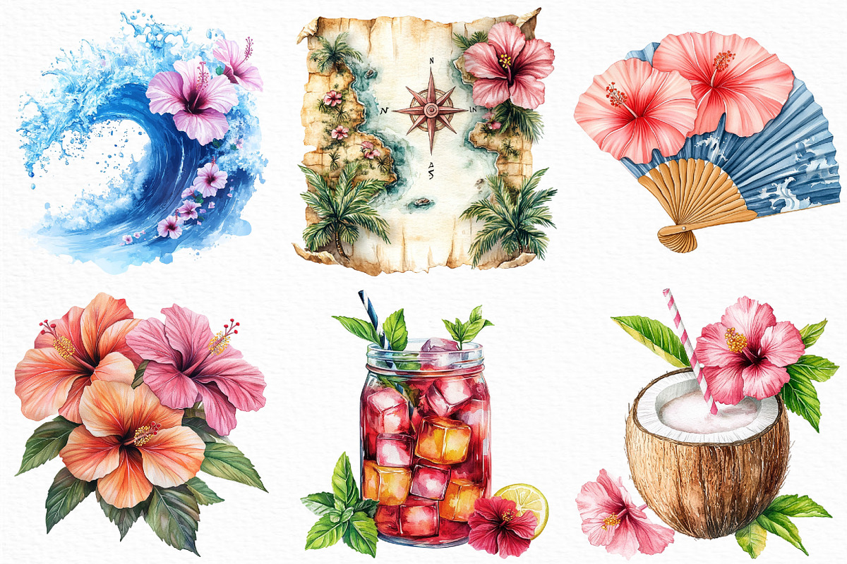Hibiscus Beach Vacation Clipart, an Illustration by Craft Nest (Photo 2 of 6)