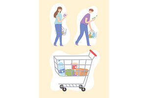 woman and man with shopping basket, a Food Illustration by studiogstock