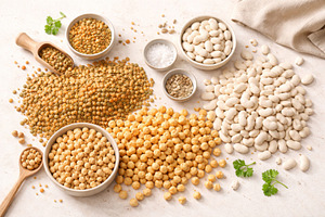 Assorted beans and legumes display w, a Photo by Dvoevnore photos