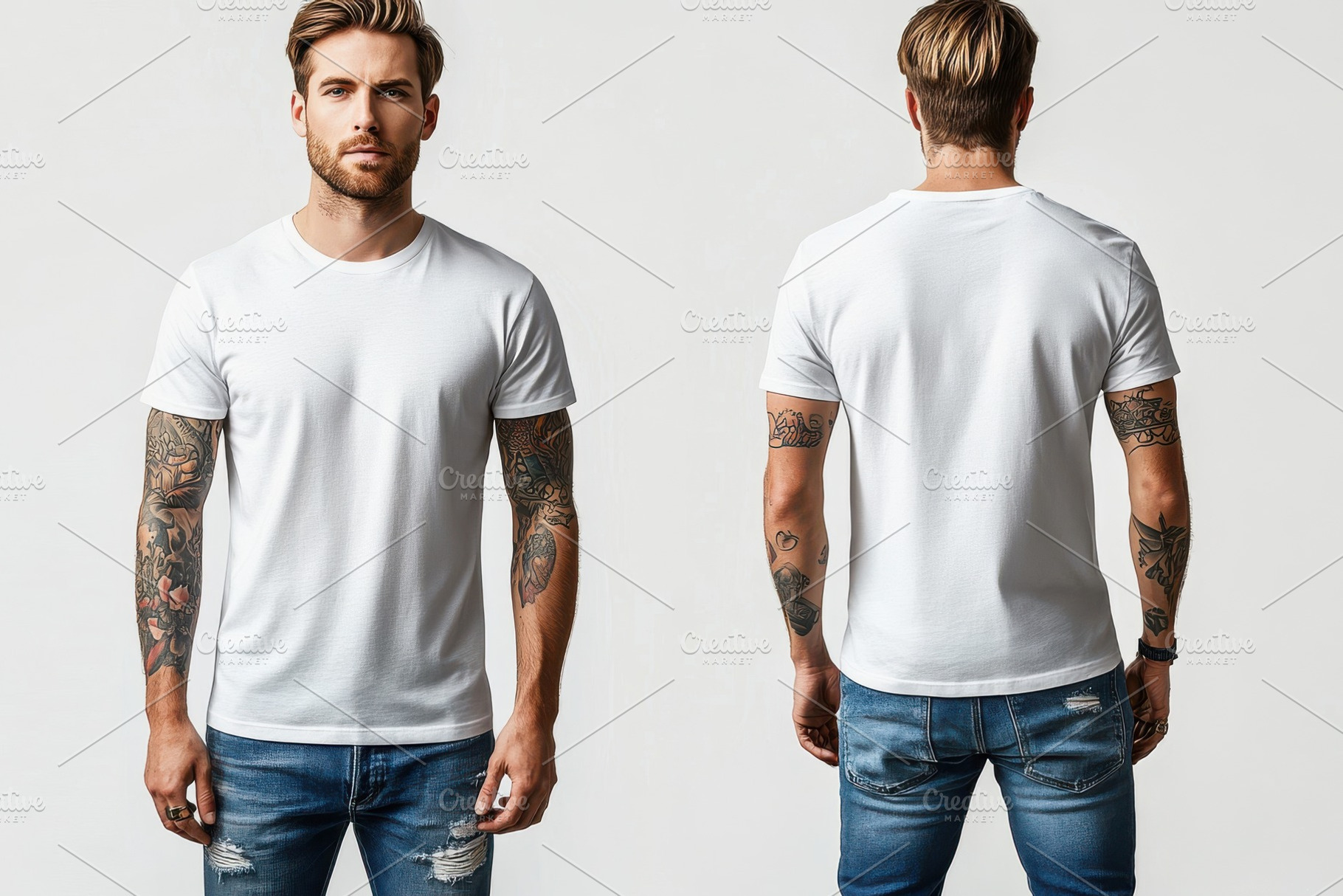 Man in white tshirt and jeans front, a Beauty & Fashion Photo by Pixeness Studio