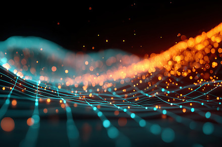 Futuristic data landscape with glowing lines and particles representing digital, a Background Photo by AlyaAnd