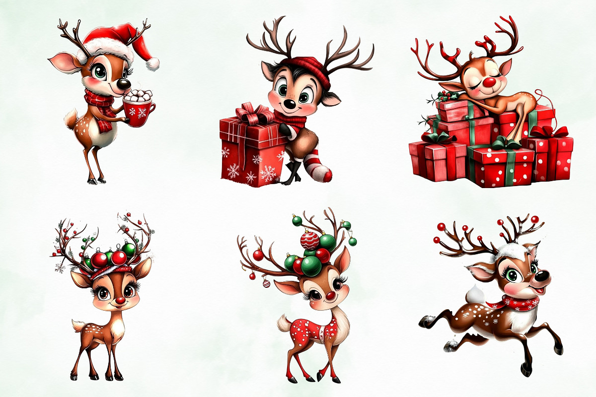 Whimsical Christmas Reindeer Clipart, an Illustration by Creative Art (Photo 7 of 11)