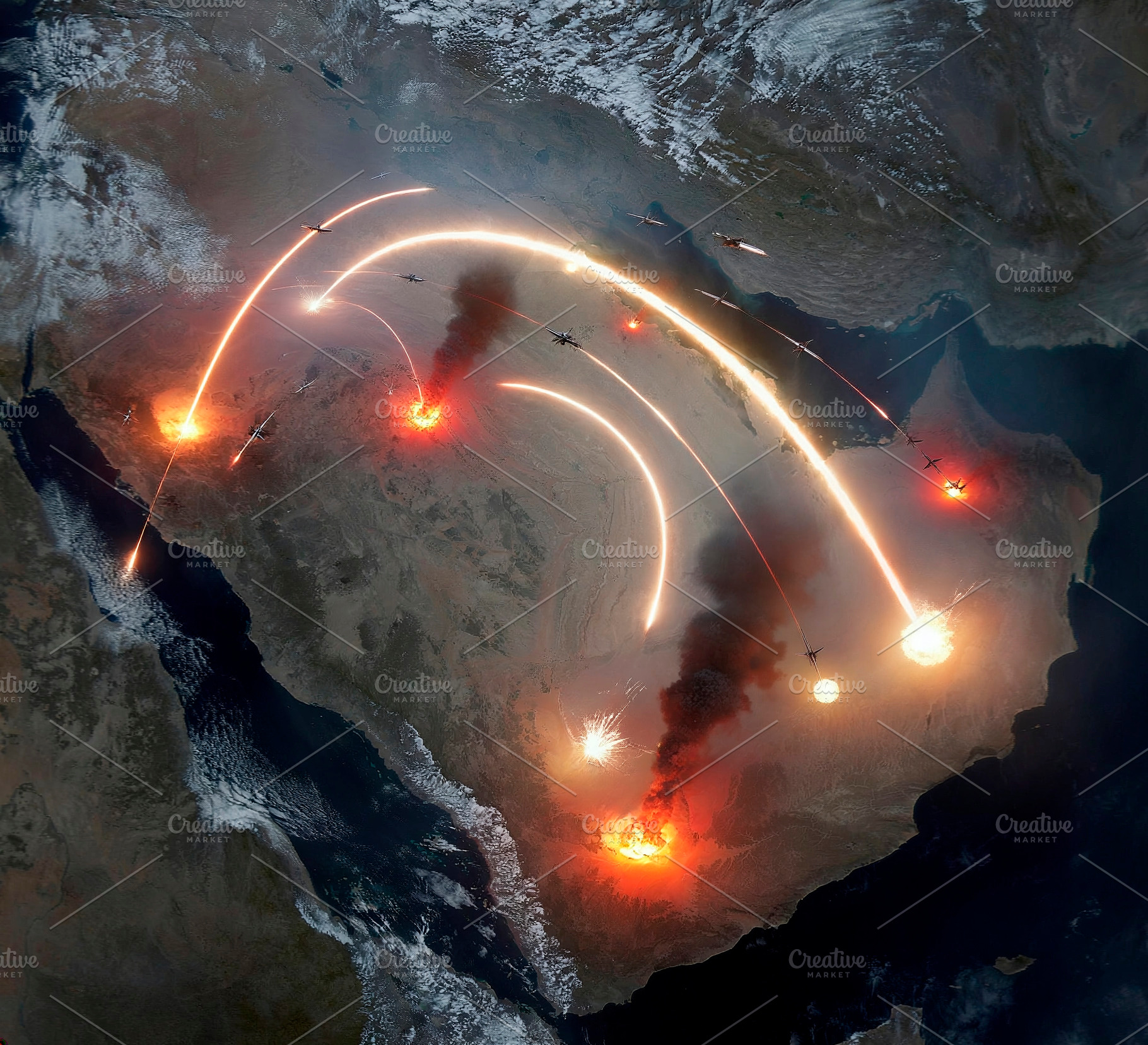 Missile strikes across arabian peninsula satellite view, a Background Photo by DanFLCreativo