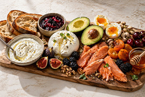Breakfast grazing board with assorte, a Photo by Dvoevnore photos