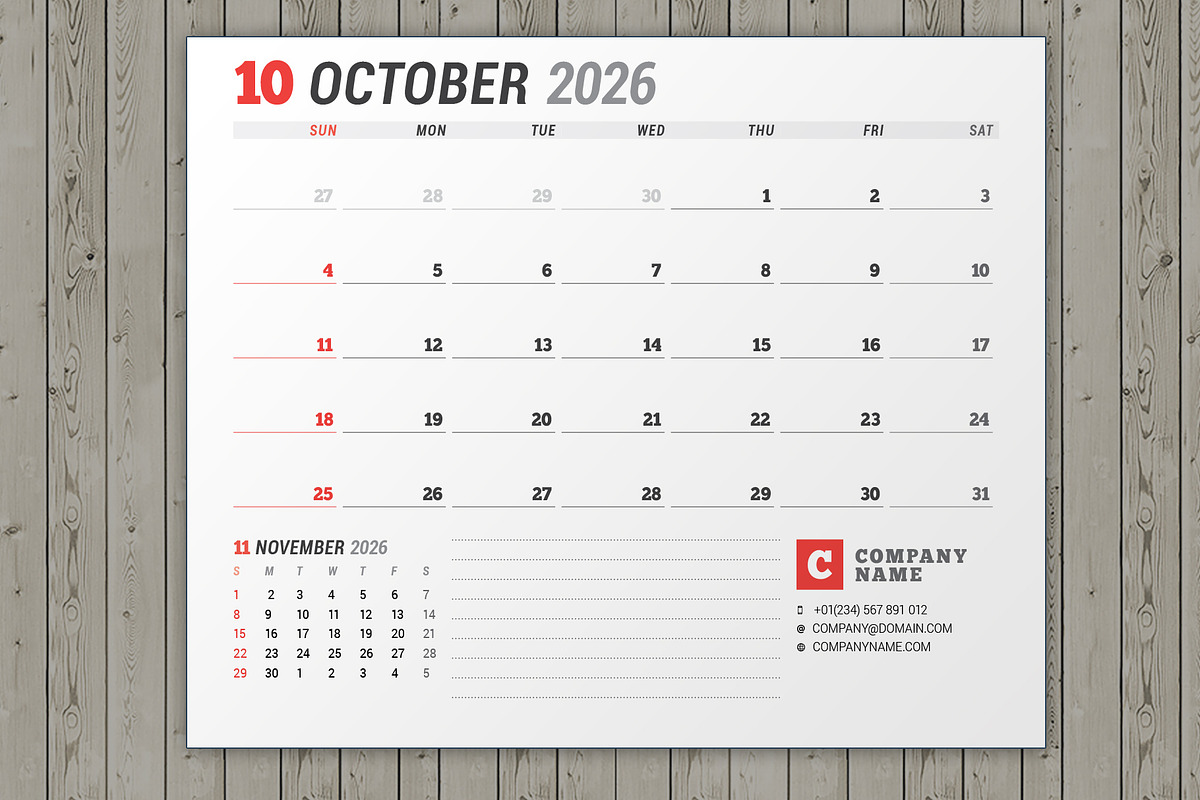 Wall Calendar 2026 (WC03726), a Stationery Template by mikhailmorosin