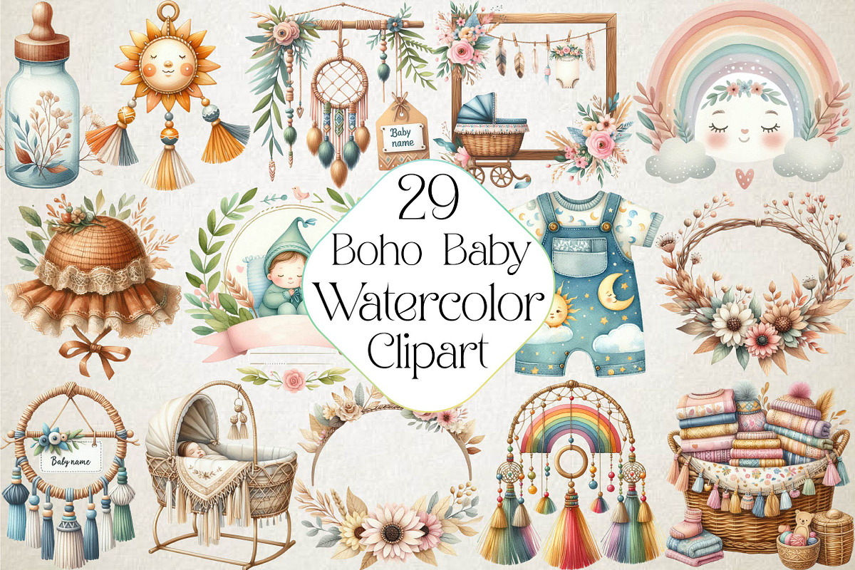 Boho Baby Watercolor Clipart, an Illustration by DreamPrint404 (Photo 1 of 6)