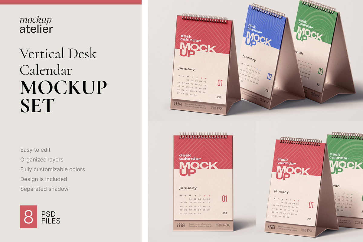 Vertical Desk Calendar Mockup Set, a Print Template by mockupatelier (Photo 1 of 11)