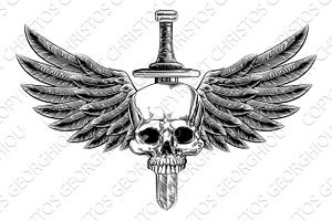 Woodcut Winged Skull Sword Insignia