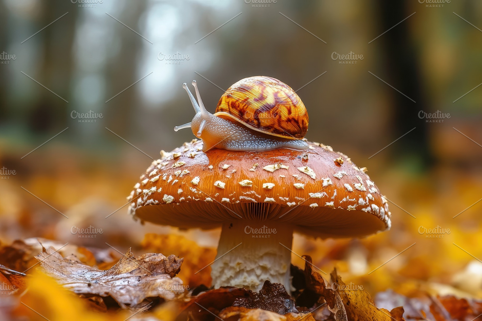 Snail calmly rests on a mushroom, a Photo by Pavel_design