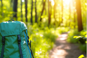 Green backpack on forest path in, a Nature Photo by Lermont51