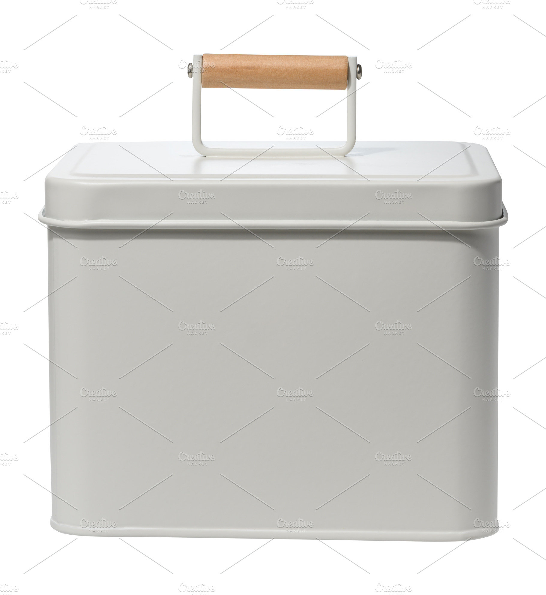 Square, white steel canister with a fitted lid and a wooden hand, an Industrial Photo by ndanko