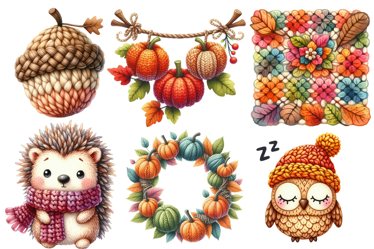 Watercolor Crochet Autumn Clipart, an Illustration by Designworld (Photo 4 of 7)