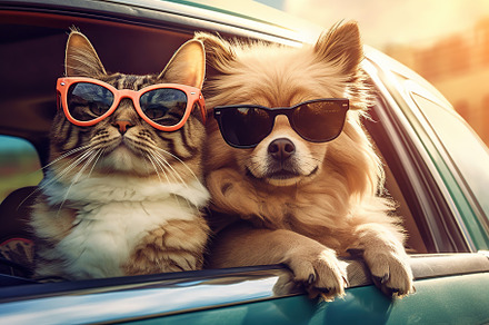 Dog and cat looking out car window. Travel by car. Generative AI, an Animal Photo by AlyaAnd