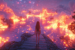 Woman walking on fiery path surrounded by glowing lava and dreamy sky, a Photo by AS photostudio
