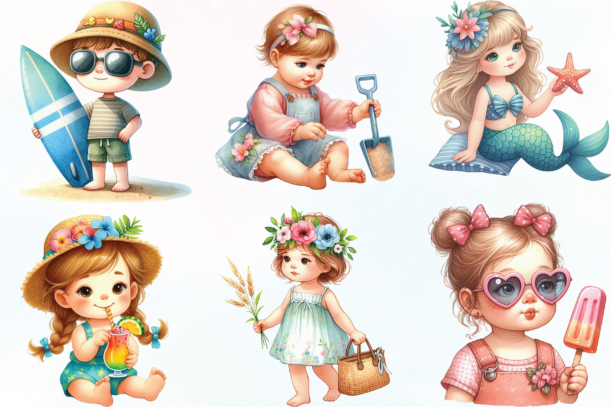 Watercolor Summer Beach Kids Clipart, an Illustration by CraftArtStudio (Photo 2 of 6)