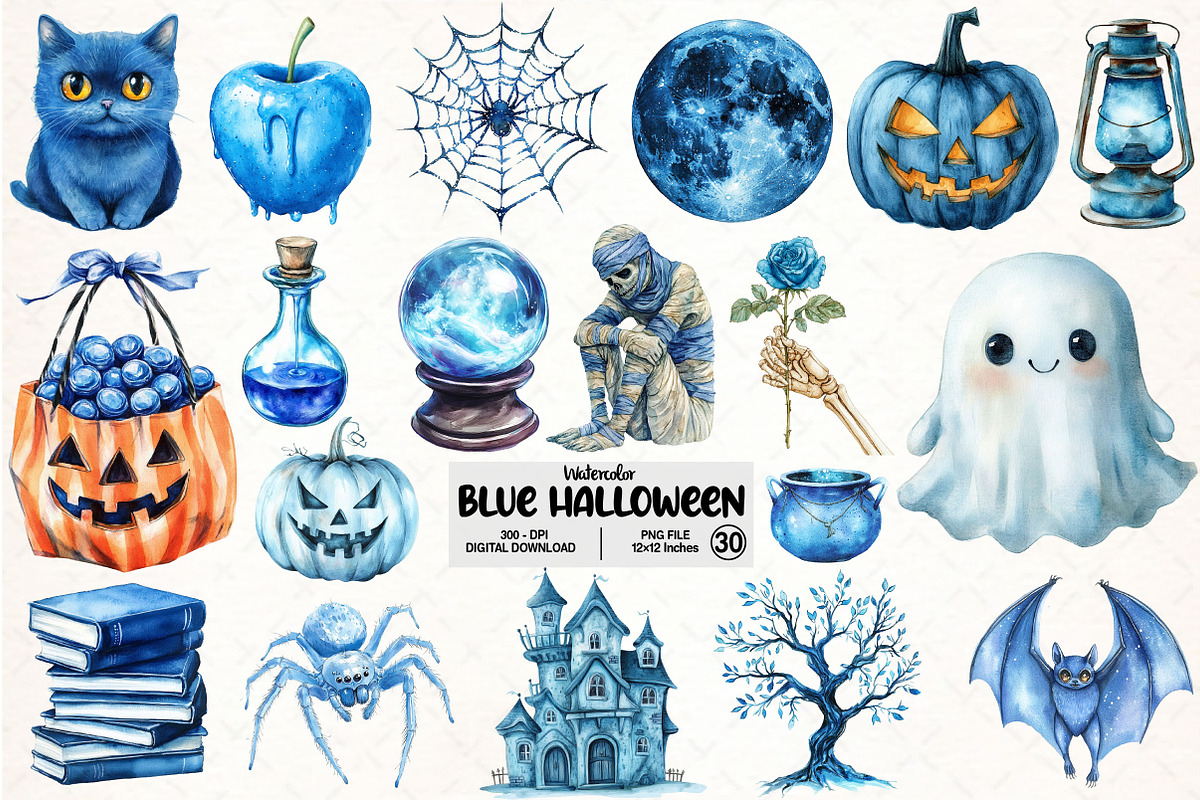 Blue Halloween Bundle Watercolor PNG, an Illustration by Pixels.Craft (Photo 1 of 7)