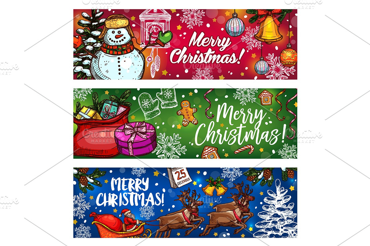 Christmas sketch banner for winter holiday design, an Illustration by Vector Tradition