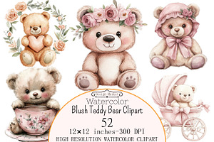 Watercolor Blush Teddy Bear Clipart