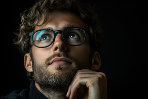 A thoughtful young cognitive psychologist man with curly hair and glasses gazes, a Person Photo by Textures & Backgrounds