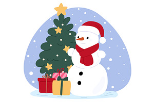 Cheerful cartoon snowman next to, an Illustration by Vectorbuum