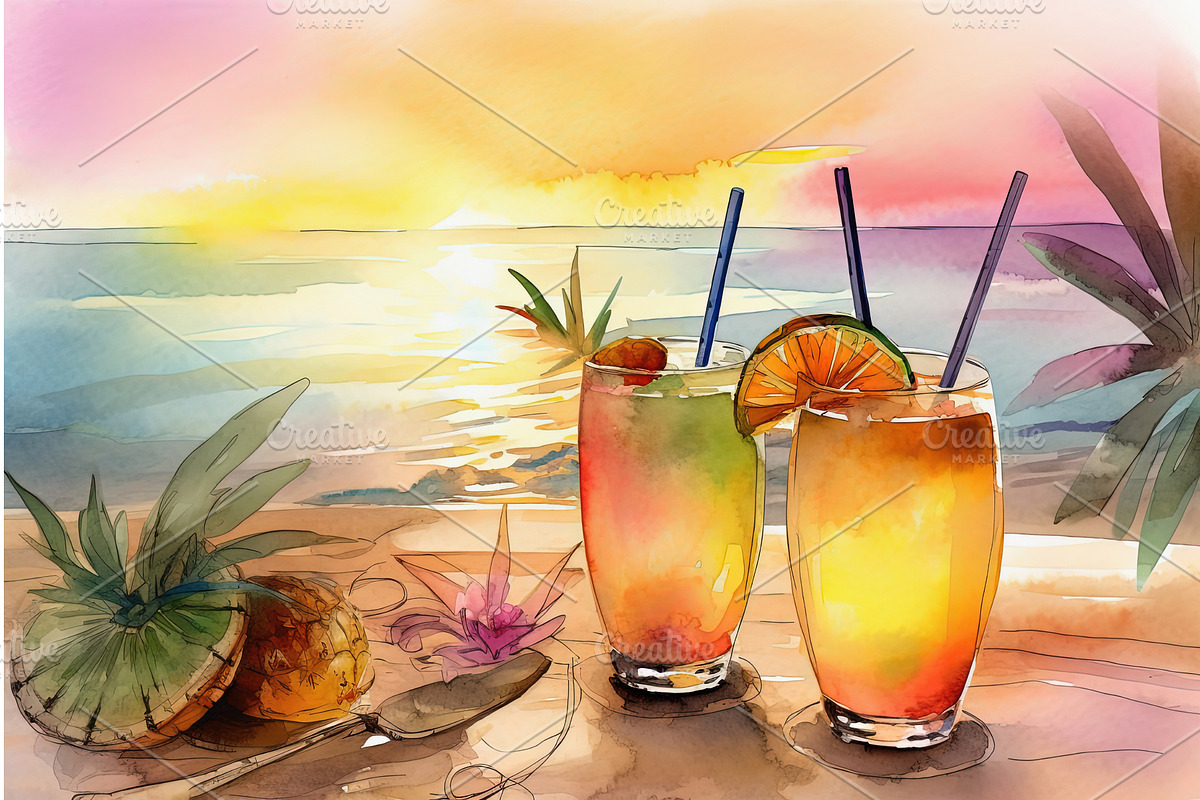 Tropical cocktails on beach with, a Food Illustration by Lermont51