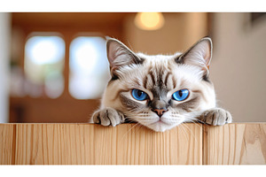 A blue-eyed cat peeking over a, an Animal Photo by Igor Tichonow