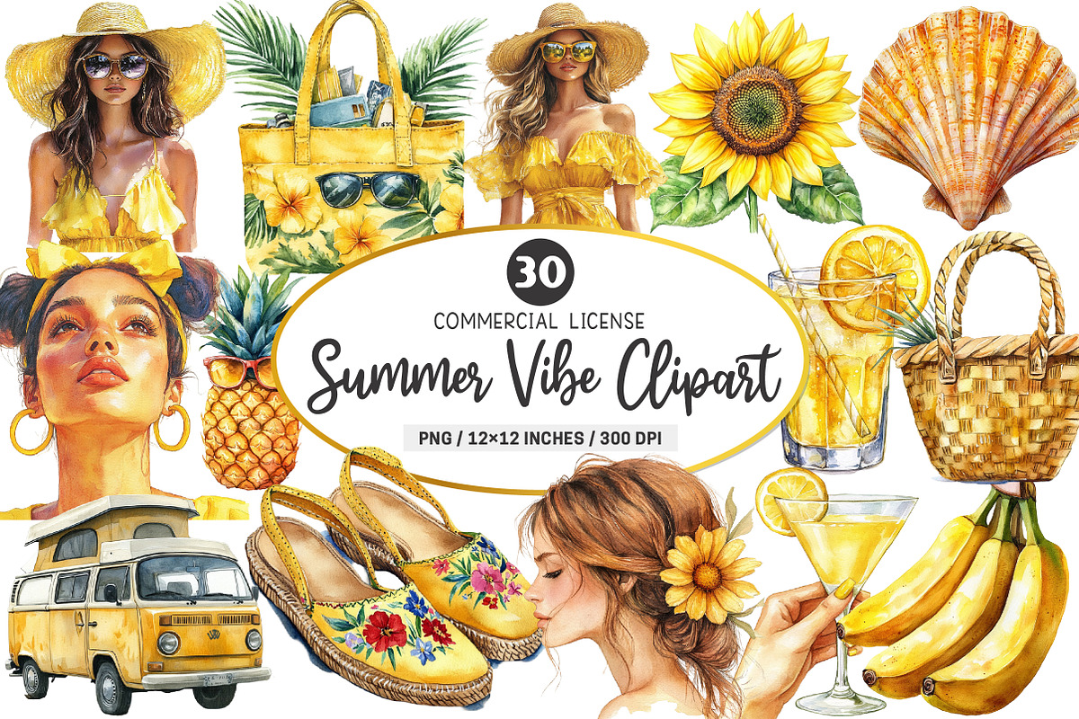Watercolor Summer Vibe Clipart, an Illustration by SinaCreation (Photo 1 of 5)