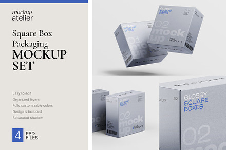 Square Box Packaging Mockup Set, a Packaging Mockup by mockupatelier