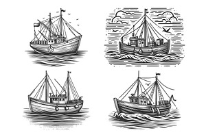 Fishing Boat engraving set vector, a Transportation Illustration by AlexArt