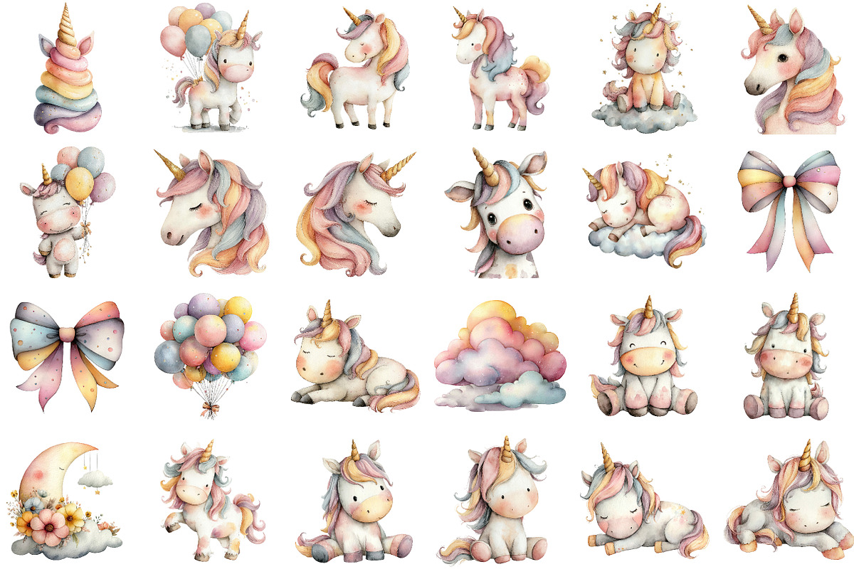 Watercolor Cute Unicorn Clipart, an Illustration by Sublimation Artist (Photo 2 of 7)