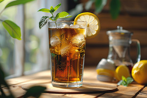 Glass of ice tea with lemon and sunlights on wooden background, a Food & Drink Photo by AlyaAnd