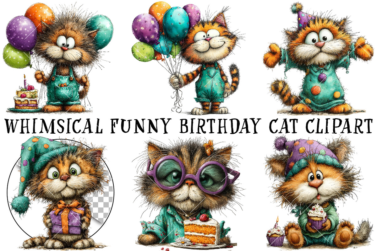 Whimsical Funny Birthday Cat Clipart, an Illustration by OK Design (Photo 2 of 6)