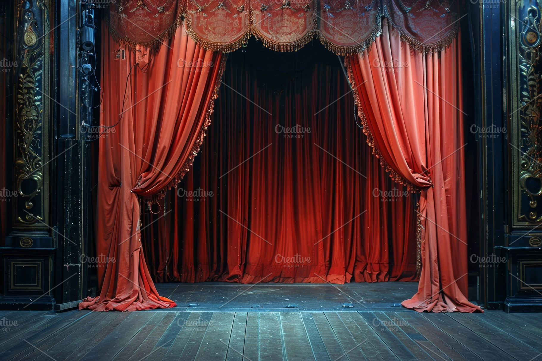 A stage set with red curtains drawn, a Photo by Iftikhar Alam