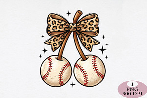 Baseball Cherries Coquette Bow Png, an Illustration by Daily.Designs
