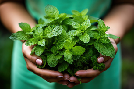 Female hands holding bunch of fresh mint leafs in the garden, a Food & Drink Photo by AlyaAnd