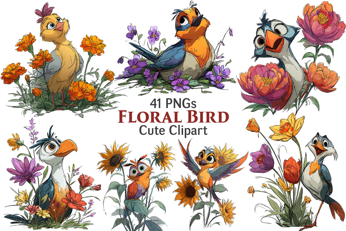 Floral Cute Birds Clipart, an Illustration by Pixels.Craft (Photo 1 of 5)