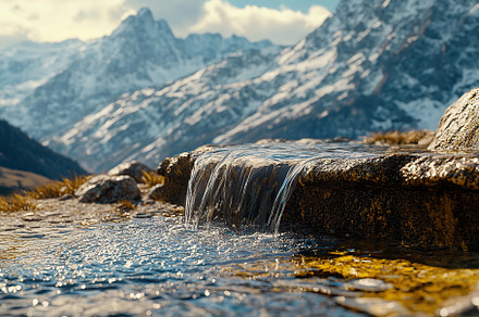 Beautiful landscape with water stream on mountains background, a Background Photo by AlyaAnd