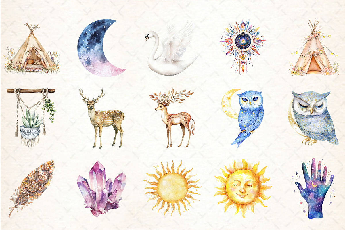 Watercolor Dreamy Boho Clipart PNG, an Illustration by DreamCafeArt (Photo 2 of 5)