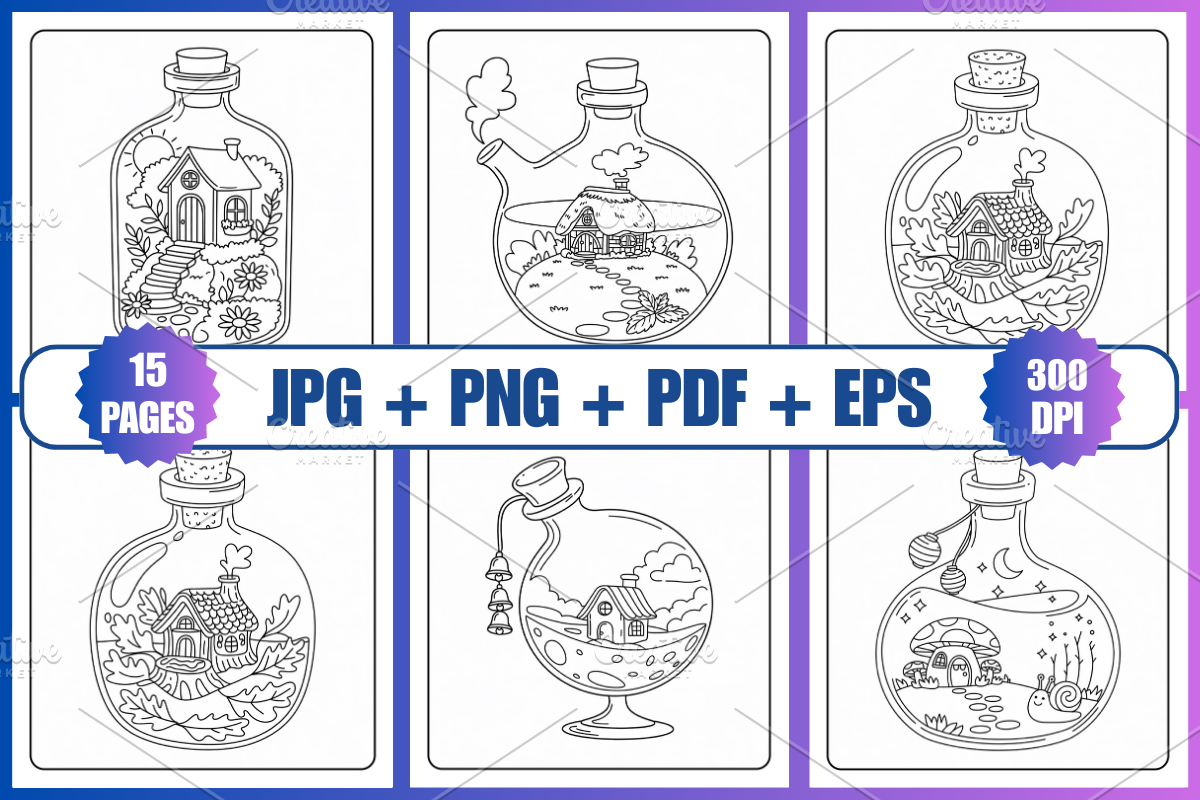 Fairy Bottle Cottage Coloring Pages, a Decorative Illustration by Coco Bloom (Photo 3 of 6)