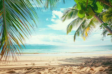 A tropical beach with palm trees, a Nature Photo by Virgo Studio